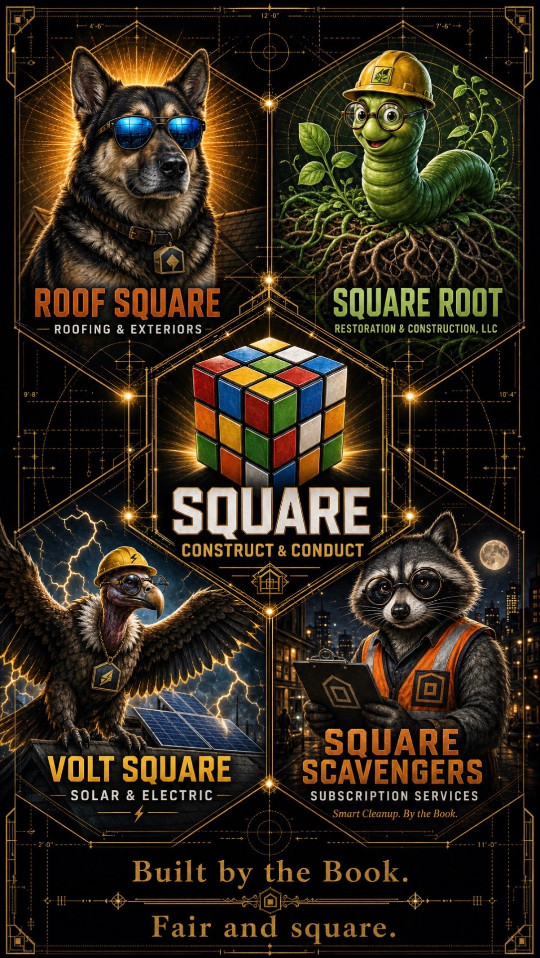 The Square Construct & Conduct family of companies: Roof Square, Square Root, Volt Square and Square Scavengers