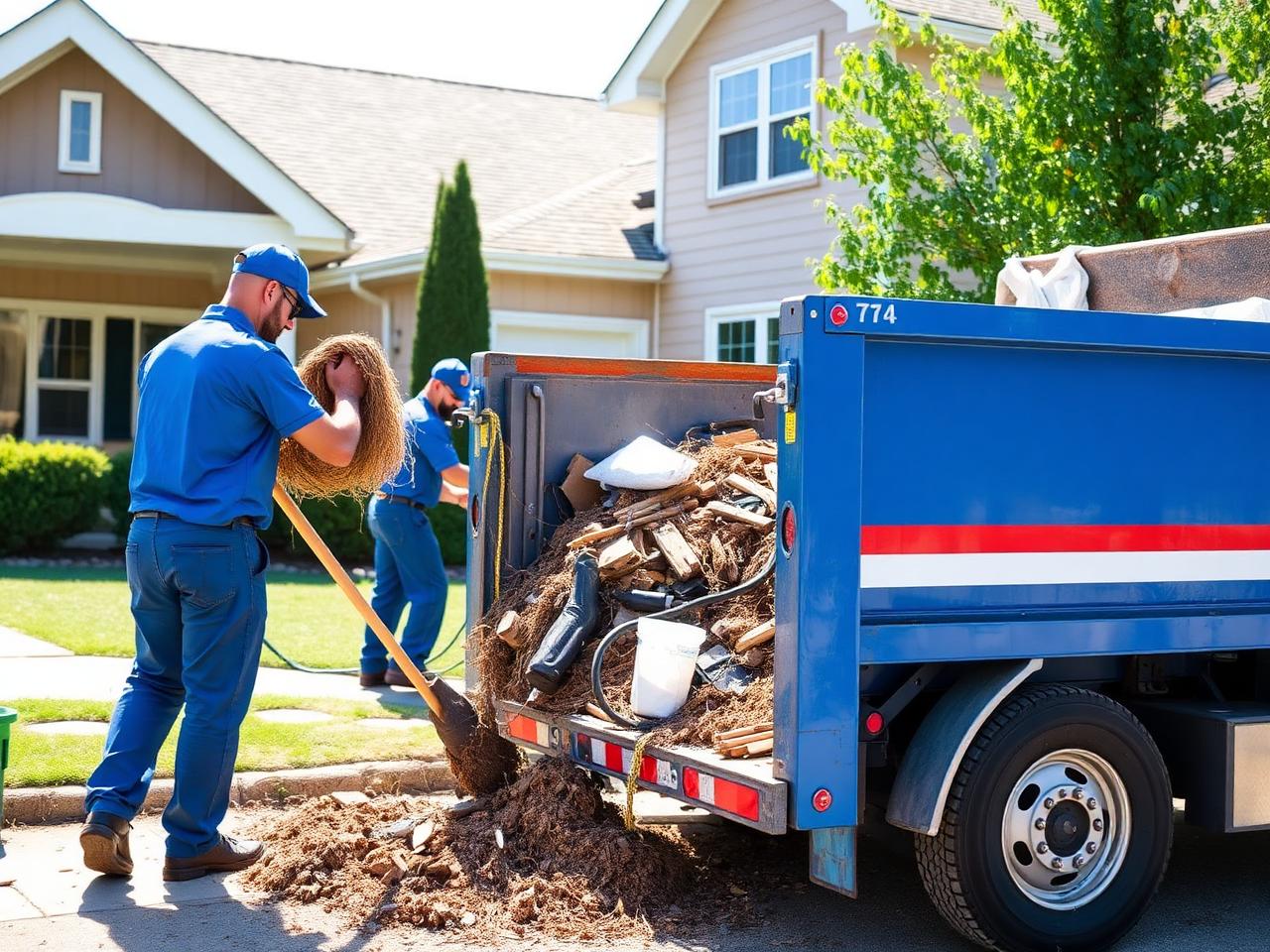 Cleanup crew loading construction debris into a roll-off container at a home