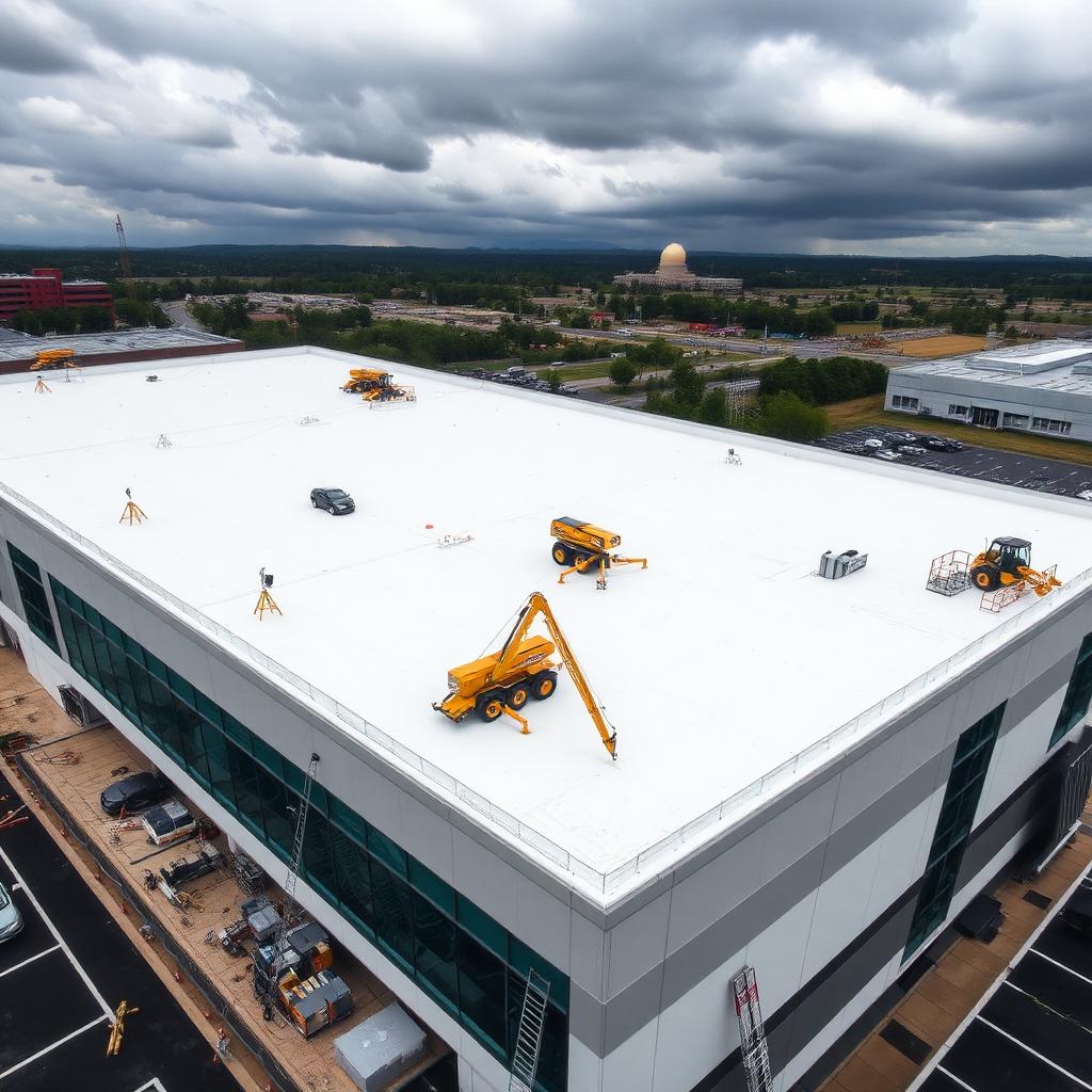 Aerial view of a commercial flat roof restoration project