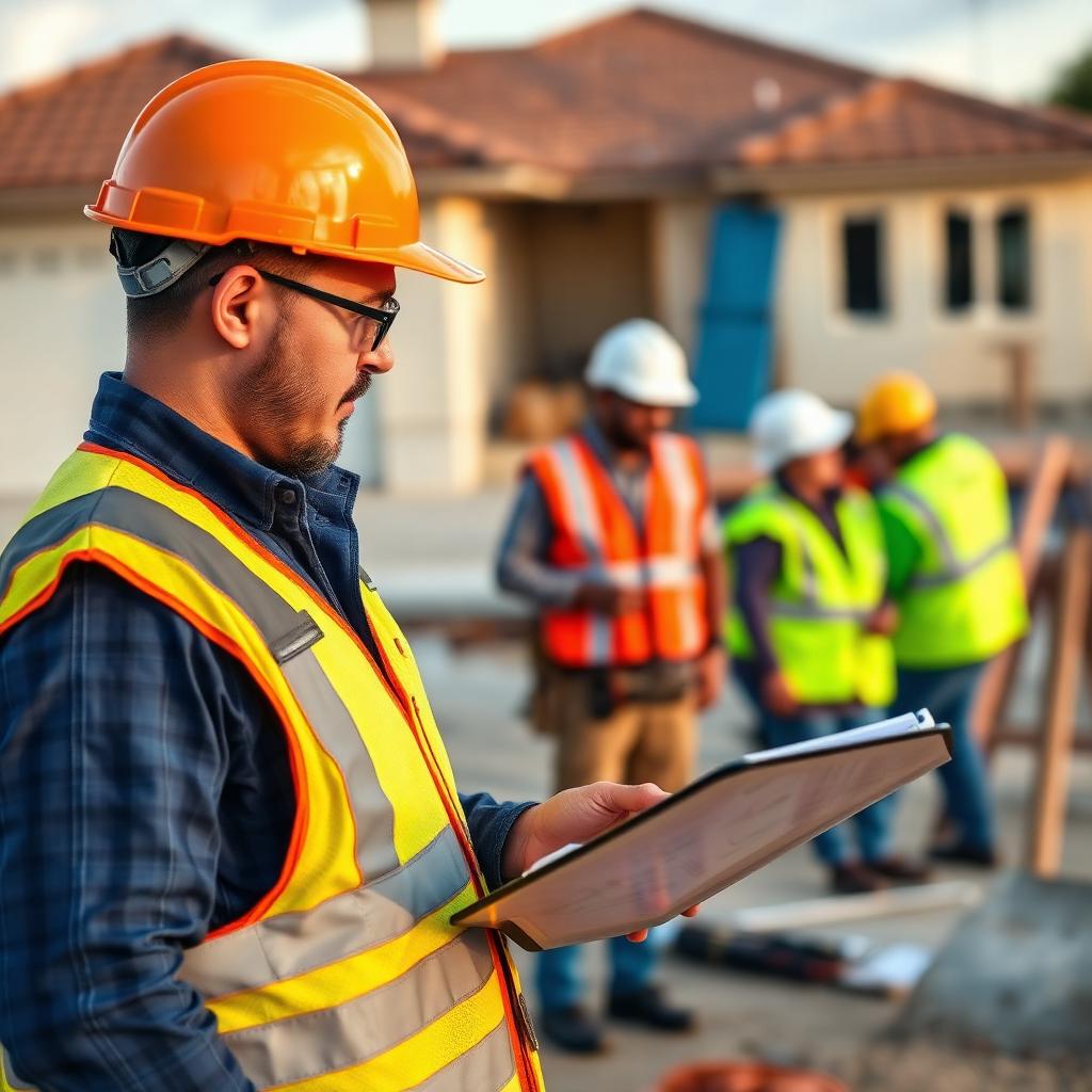 Project manager reviewing plans with a construction team on a Florida jobsite