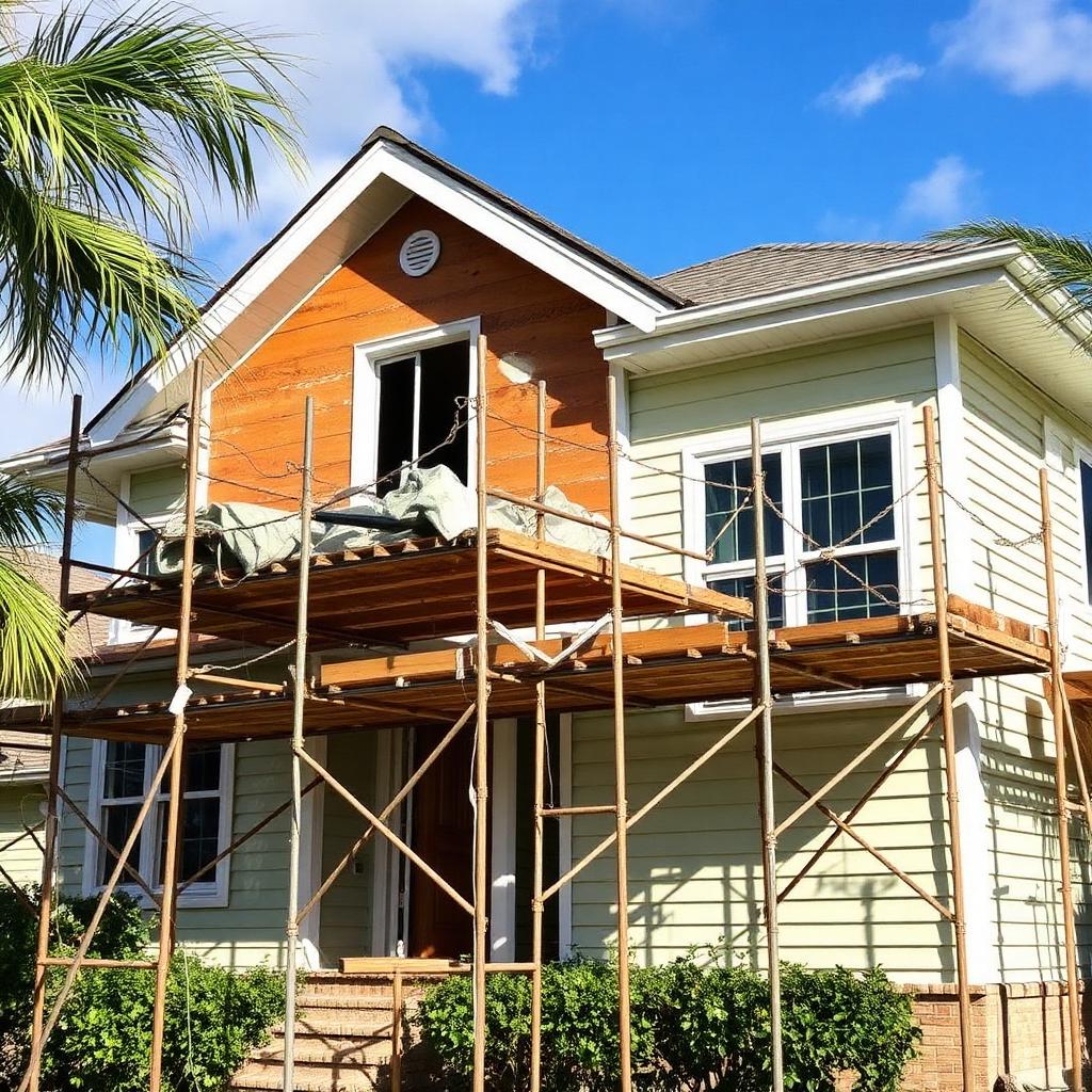 Storm-damaged Florida home undergoing exterior restoration
