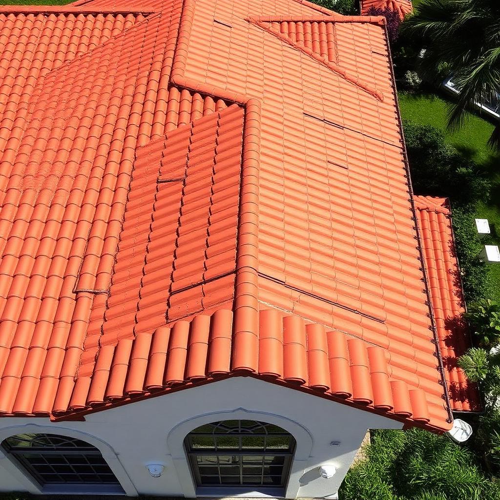 Restored Spanish clay tile roof on a large Florida estate at golden hour